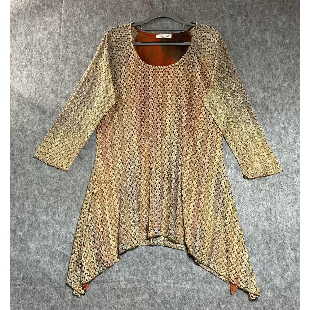 Indigo Soul Shirt Womens Large Gold Crochet Boho Asymmetric Hem Tunic Top